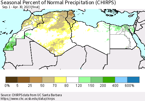 North Africa Seasonal Percent of Normal Precipitation (CHIRPS) Thematic Map For 9/1/2022 - 4/30/2023