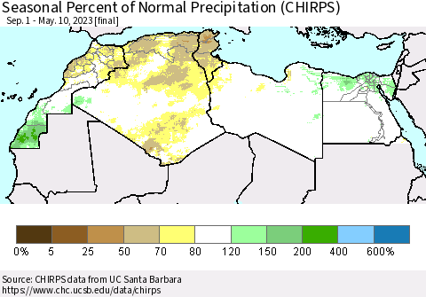 North Africa Seasonal Percent of Normal Precipitation (CHIRPS) Thematic Map For 9/1/2022 - 5/10/2023