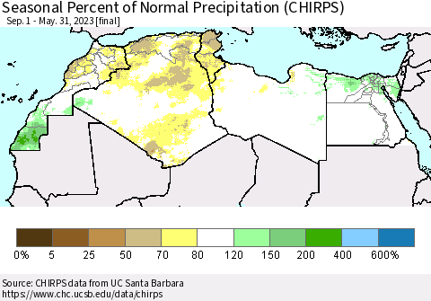 North Africa Seasonal Percent of Normal Precipitation (CHIRPS) Thematic Map For 9/1/2022 - 5/31/2023