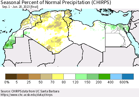 North Africa Seasonal Percent of Normal Precipitation (CHIRPS) Thematic Map For 9/1/2022 - 6/20/2023