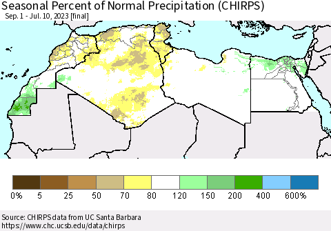 North Africa Seasonal Percent of Normal Precipitation (CHIRPS) Thematic Map For 9/1/2022 - 7/10/2023