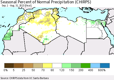 North Africa Seasonal Percent of Normal Precipitation (CHIRPS) Thematic Map For 9/1/2022 - 8/31/2023
