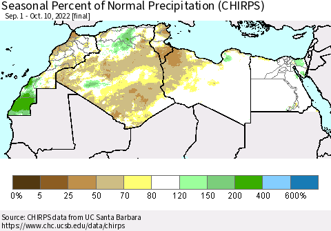 North Africa Seasonal Percent of Normal Precipitation (CHIRPS) Thematic Map For 9/1/2022 - 10/10/2022