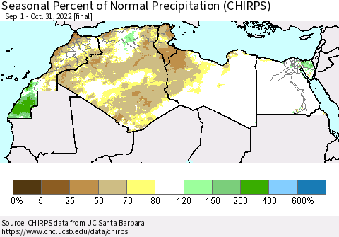 North Africa Seasonal Percent of Normal Precipitation (CHIRPS) Thematic Map For 9/1/2022 - 10/31/2022
