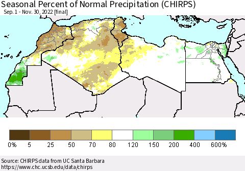 North Africa Seasonal Percent of Normal Precipitation (CHIRPS) Thematic Map For 9/1/2022 - 11/30/2022