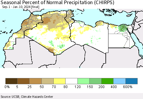 North Africa Seasonal Percent of Normal Precipitation (CHIRPS) Thematic Map For 9/1/2023 - 1/10/2024