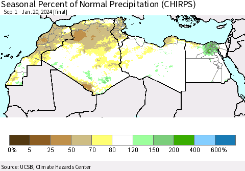 North Africa Seasonal Percent of Normal Precipitation (CHIRPS) Thematic Map For 9/1/2023 - 1/20/2024