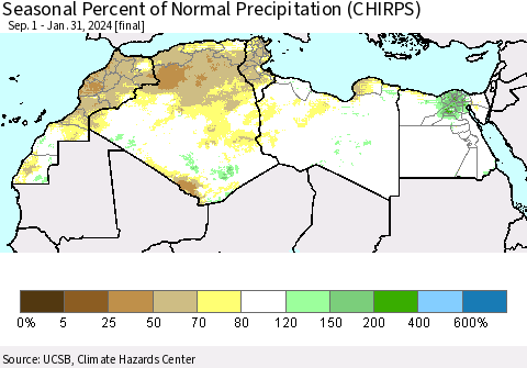 North Africa Seasonal Percent of Normal Precipitation (CHIRPS) Thematic Map For 9/1/2023 - 1/31/2024
