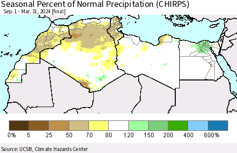 North Africa Seasonal Percent of Normal Precipitation (CHIRPS) Thematic Map For 9/1/2023 - 3/31/2024