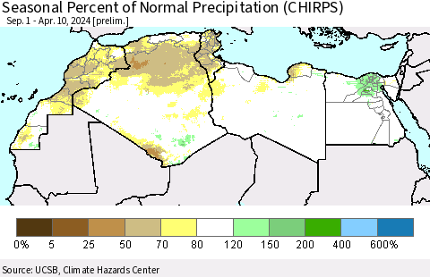 North Africa Seasonal Percent of Normal Precipitation (CHIRPS) Thematic Map For 9/1/2023 - 4/10/2024