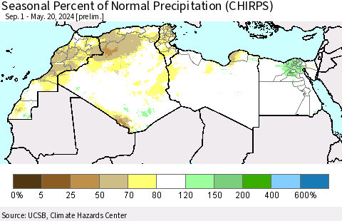 North Africa Seasonal Percent of Normal Precipitation (CHIRPS) Thematic Map For 9/1/2023 - 5/20/2024