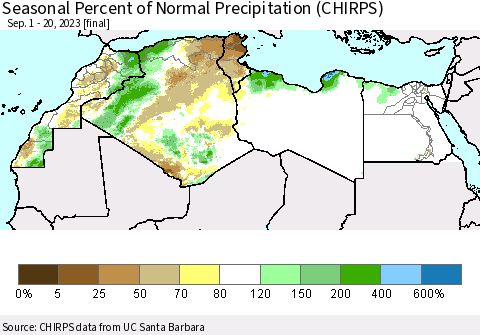 North Africa Seasonal Percent of Normal Precipitation (CHIRPS) Thematic Map For 9/1/2023 - 9/20/2023