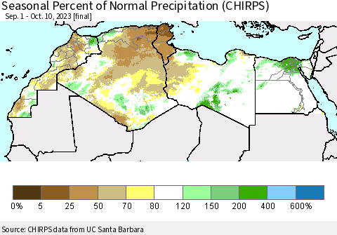 North Africa Seasonal Percent of Normal Precipitation (CHIRPS) Thematic Map For 9/1/2023 - 10/10/2023