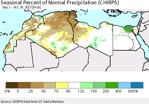 North Africa Seasonal Percent of Normal Precipitation (CHIRPS) Thematic Map For 9/1/2023 - 10/20/2023