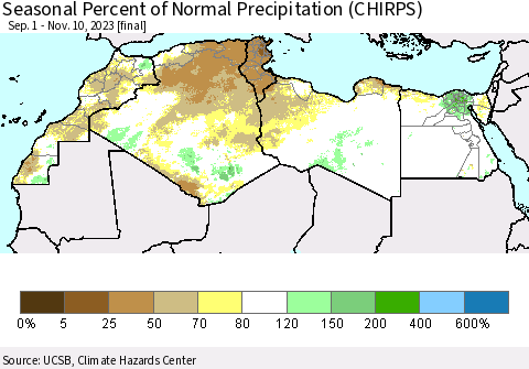 North Africa Seasonal Percent of Normal Precipitation (CHIRPS) Thematic Map For 9/1/2023 - 11/10/2023
