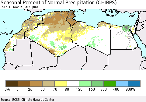 North Africa Seasonal Percent of Normal Precipitation (CHIRPS) Thematic Map For 9/1/2023 - 11/20/2023