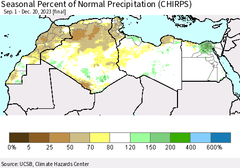 North Africa Seasonal Percent of Normal Precipitation (CHIRPS) Thematic Map For 9/1/2023 - 12/20/2023