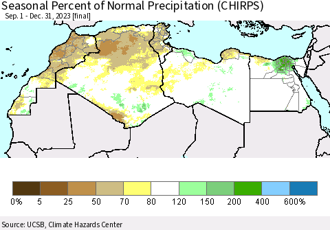 North Africa Seasonal Percent of Normal Precipitation (CHIRPS) Thematic Map For 9/1/2023 - 12/31/2023