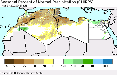 North Africa Seasonal Percent of Normal Precipitation (CHIRPS) Thematic Map For 3/1/2024 - 3/20/2024