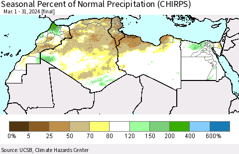 North Africa Seasonal Percent of Normal Precipitation (CHIRPS) Thematic Map For 3/1/2024 - 3/31/2024