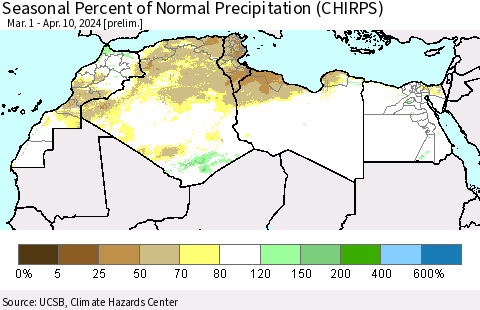 North Africa Seasonal Percent of Normal Precipitation (CHIRPS) Thematic Map For 3/1/2024 - 4/10/2024