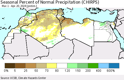 North Africa Seasonal Percent of Normal Precipitation (CHIRPS) Thematic Map For 3/1/2024 - 4/20/2024