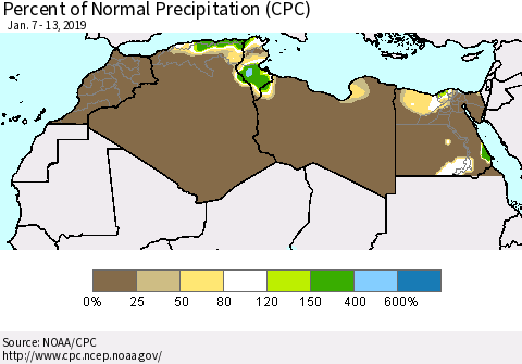 North Africa Percent of Normal Precipitation (CPC) Thematic Map For 1/7/2019 - 1/13/2019