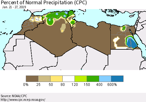North Africa Percent of Normal Precipitation (CPC) Thematic Map For 1/21/2019 - 1/27/2019