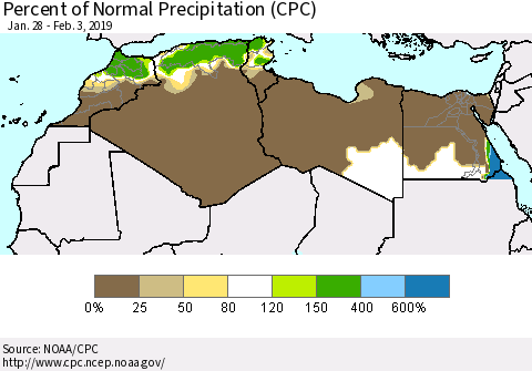 North Africa Percent of Normal Precipitation (CPC) Thematic Map For 1/28/2019 - 2/3/2019