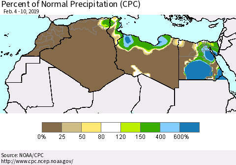 North Africa Percent of Normal Precipitation (CPC) Thematic Map For 2/4/2019 - 2/10/2019