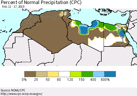 North Africa Percent of Normal Precipitation (CPC) Thematic Map For 2/11/2019 - 2/17/2019