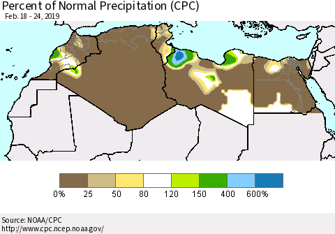 North Africa Percent of Normal Precipitation (CPC) Thematic Map For 2/18/2019 - 2/24/2019