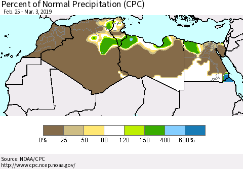 North Africa Percent of Normal Precipitation (CPC) Thematic Map For 2/25/2019 - 3/3/2019