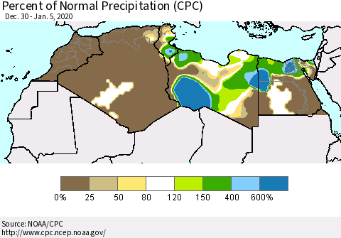 North Africa Percent of Normal Precipitation (CPC) Thematic Map For 12/30/2019 - 1/5/2020