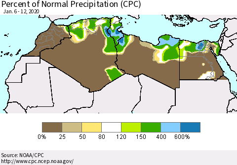 North Africa Percent of Normal Precipitation (CPC) Thematic Map For 1/6/2020 - 1/12/2020