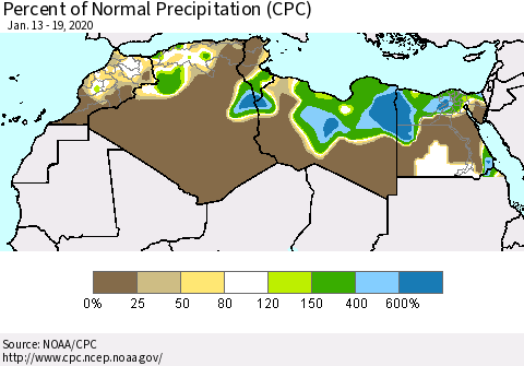 North Africa Percent of Normal Precipitation (CPC) Thematic Map For 1/13/2020 - 1/19/2020