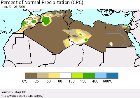 North Africa Percent of Normal Precipitation (CPC) Thematic Map For 1/20/2020 - 1/26/2020