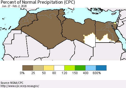 North Africa Percent of Normal Precipitation (CPC) Thematic Map For 1/27/2020 - 2/2/2020