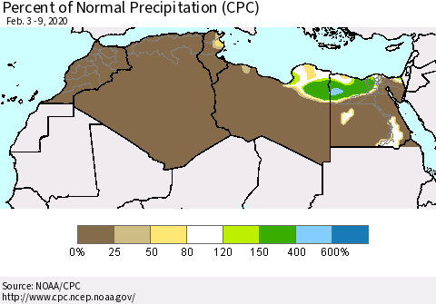 North Africa Percent of Normal Precipitation (CPC) Thematic Map For 2/3/2020 - 2/9/2020