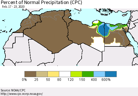 North Africa Percent of Normal Precipitation (CPC) Thematic Map For 2/17/2020 - 2/23/2020