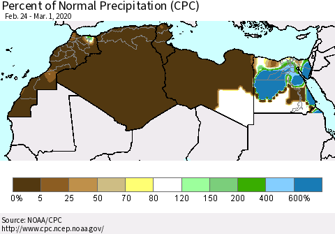 North Africa Percent of Normal Precipitation (CPC) Thematic Map For 2/24/2020 - 3/1/2020