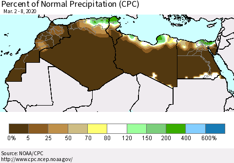 North Africa Percent of Normal Precipitation (CPC) Thematic Map For 3/2/2020 - 3/8/2020