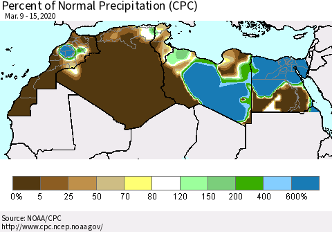 North Africa Percent of Normal Precipitation (CPC) Thematic Map For 3/9/2020 - 3/15/2020