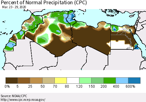 North Africa Percent of Normal Precipitation (CPC) Thematic Map For 3/23/2020 - 3/29/2020
