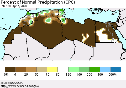 North Africa Percent of Normal Precipitation (CPC) Thematic Map For 3/30/2020 - 4/5/2020