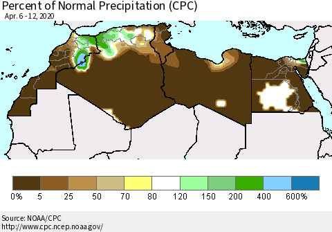 North Africa Percent of Normal Precipitation (CPC) Thematic Map For 4/6/2020 - 4/12/2020