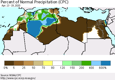 North Africa Percent of Normal Precipitation (CPC) Thematic Map For 4/13/2020 - 4/19/2020