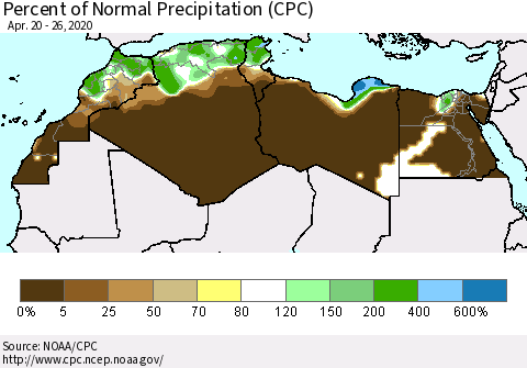 North Africa Percent of Normal Precipitation (CPC) Thematic Map For 4/20/2020 - 4/26/2020