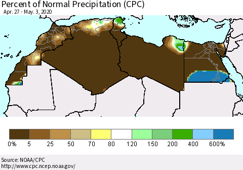 North Africa Percent of Normal Precipitation (CPC) Thematic Map For 4/27/2020 - 5/3/2020
