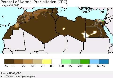 North Africa Percent of Normal Precipitation (CPC) Thematic Map For 5/4/2020 - 5/10/2020